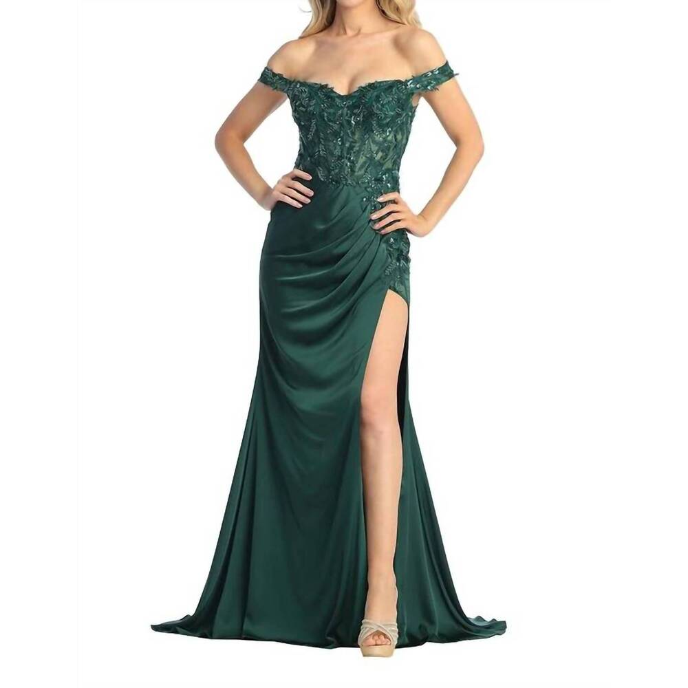 NEW LET'S SEE STYLE satin gown in emerald